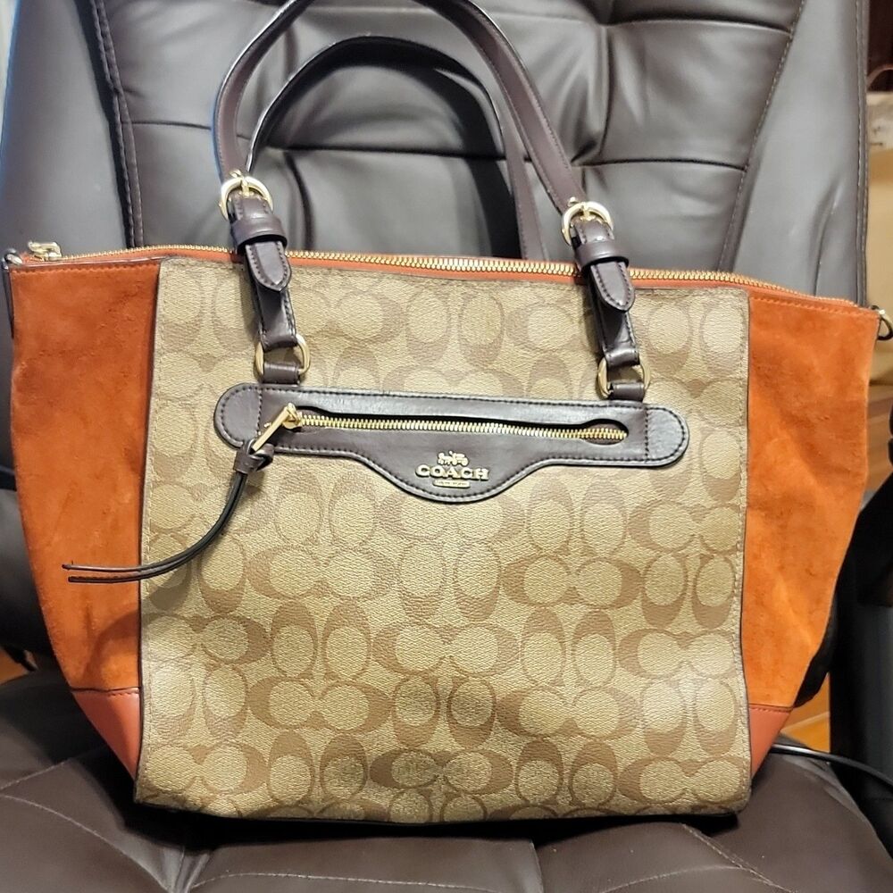 Coach Signature Suede Satchel HandBag Zip Double Handles Gold Studs Pockets